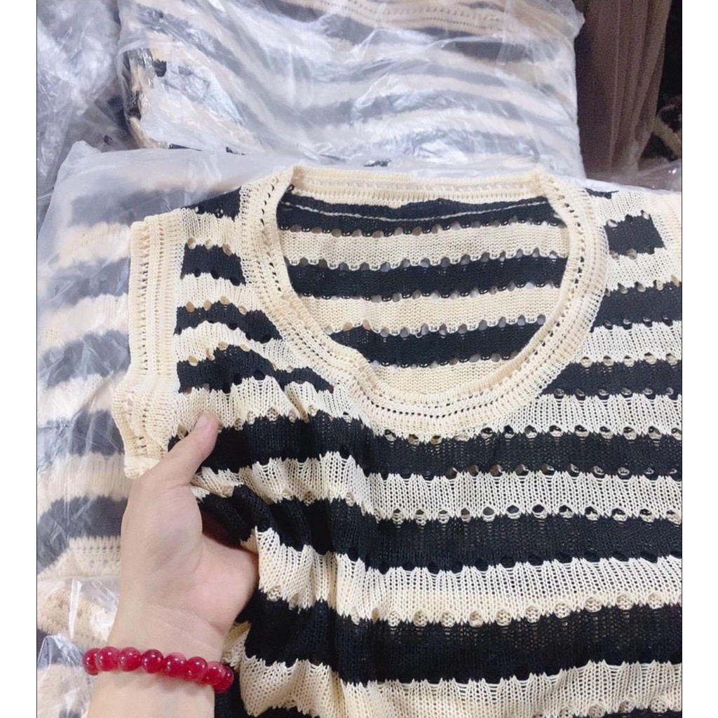 Áo len ba lỗ nữ họa tiết kẻ ngang phong cách Hàn Quốc form rộng