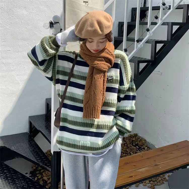 Áo sweater Dày Dáng Rộng Họa Tiết Kẻ Sọc Thời Trang Thu Đông Phong Cách Retro Mới Cho Nữ