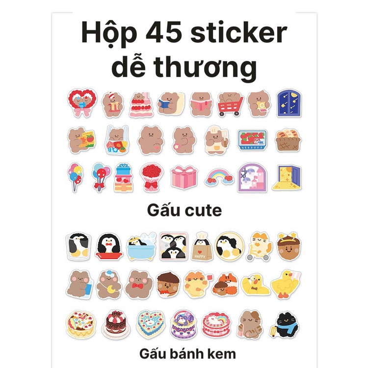 Hộp 45 Nhãn Dán Sticker Nhiều Kiểu Dễ Thương Dán Trang Trí