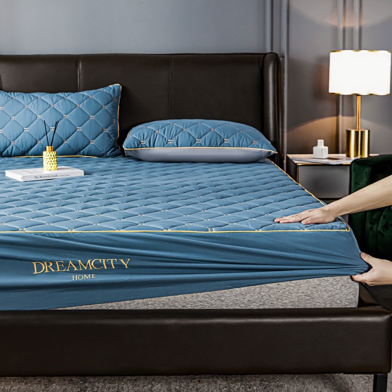 Embroidered antibacterial cotton fitted sheet single piece non slip bedspread thickened cotton mattress protective cover bedspread full package