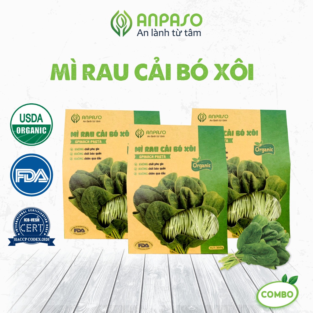 COMBO 3 gói Mì Rau Củ Cải Bó Xôi Hữu Cơ Organic Anpaso, giảm cân, eat clean, ăn chay, ăn kiêng, không chiên nóng 900g