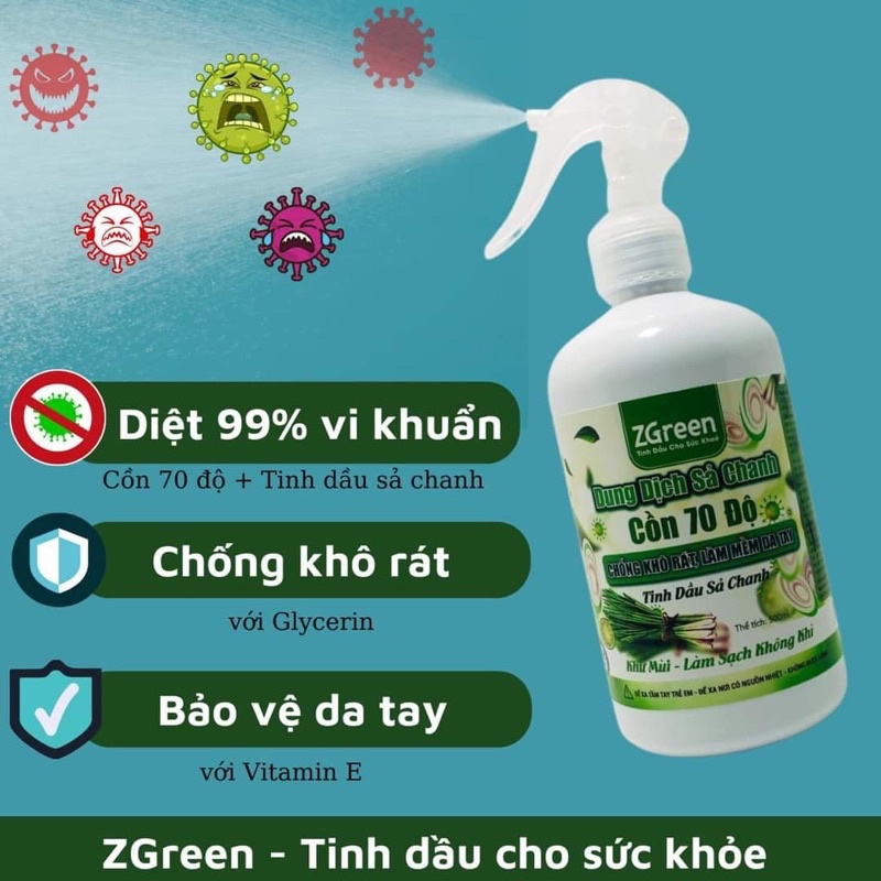 Xịt khuẩn sả chanh cồn 70 độ chống khô rát, làm mềm da tay
