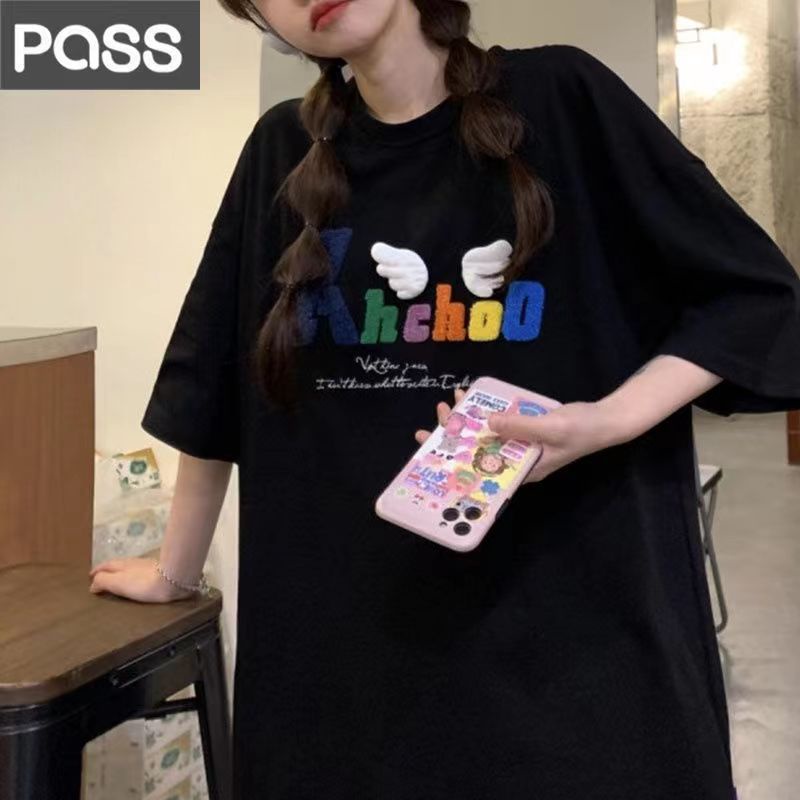 Áo Thun Cotton Mùa Hè Thêu Hình Đôi Cánh Thiên Thần Phong Cách Mới Cho Nữ