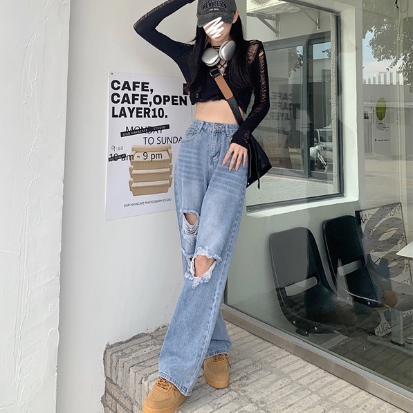 【ZHELIHANGFEI】Quần Jeans Nữ Lưng Cao Dáng Rộng Thời Trang Cá Tính