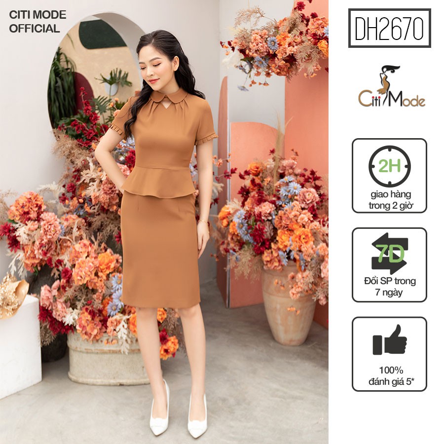 [ Mã FAGREEN245 giảm 10% tối đa 30K đơn 99K] Đầm ôm peplum công sở nâu tây cổ sen tay ngắn DH2670