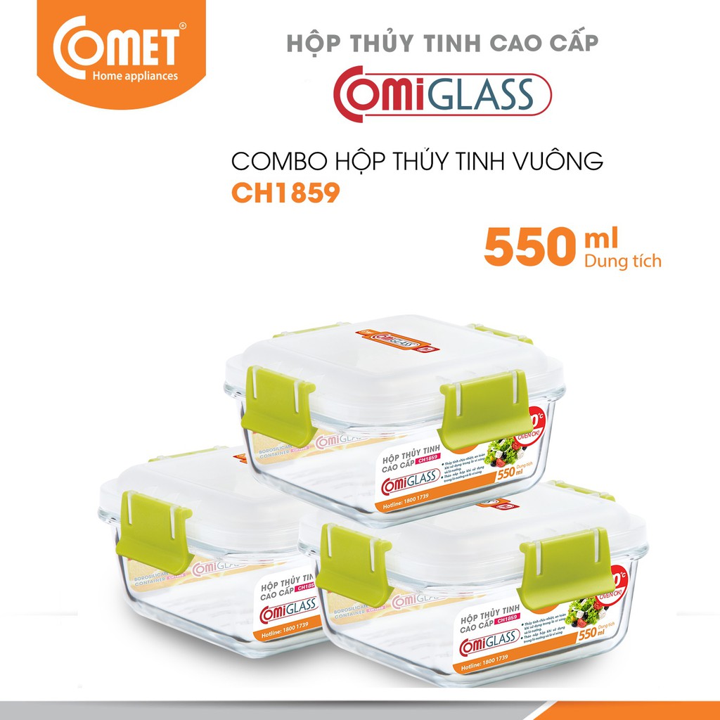 Combo 3 hộp thực phẩm thuỷ tinh Comet CH18-59 - 550ml