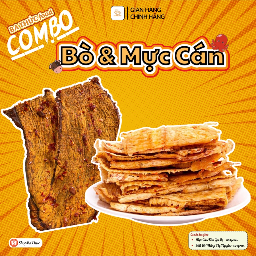 COMBO 500g Khô BÒ lát Tây Nguyên và 500g MỰC cán tẩm