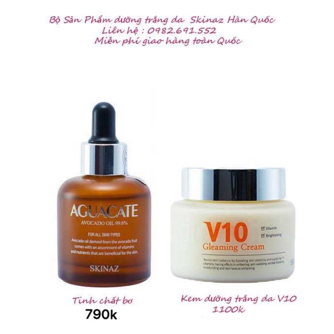 Bộ 2 Sản phẩm dưỡng trắng da Tinh chất bơ Skinaz và Kem dưỡng trắng da V10 Skinaz Hàn Quốc