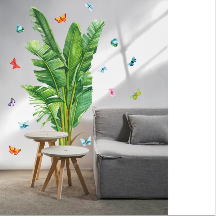 Decal dán tường trang trí - BƯỚM NGŨ SĂC CÙNG CÂY CHUỐI XANH