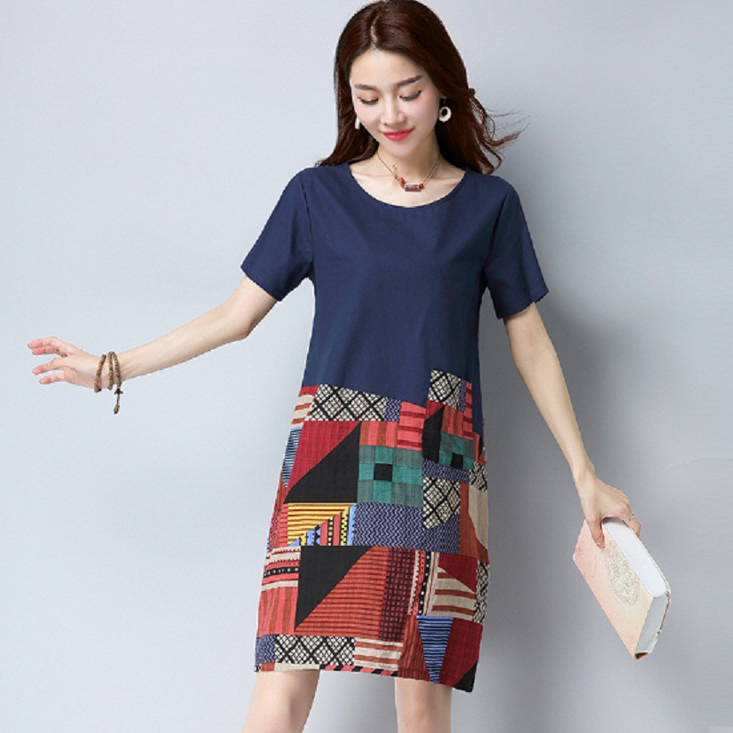 Đầm suông nữ công sở đẹp họa tiết thổ cẩm dành cho người mập bụng từ 45kg đến 75kg | BigBuy360 - bigbuy360.vn