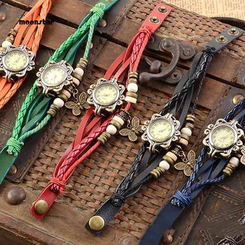Đồng hồ dây giả da nhiều lớp đính bươm bướm vintage