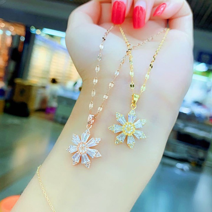 Dây chuyền nữ titan kiểu lá me rớt hoa pha lê đính đá siêu đẹp, bền màu, chuẩn thời trang