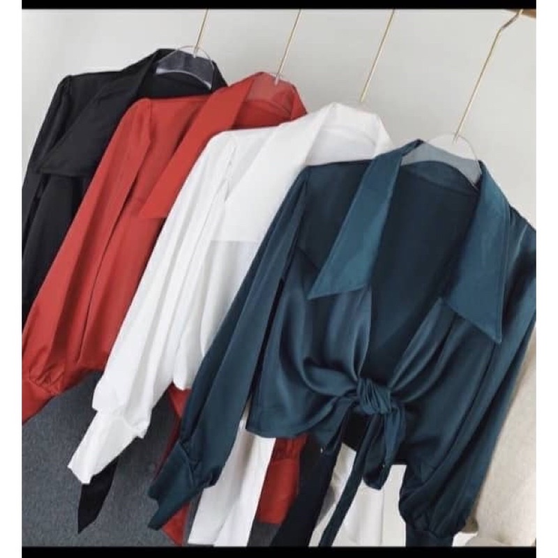 Áo phi lụa croptop cổ bẻ cột nơ trước dễ thương