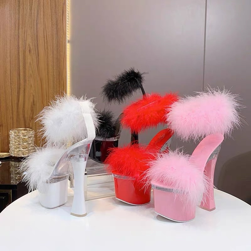 Giày Cao Gót 18CM Đính Lông Quai Bản To
