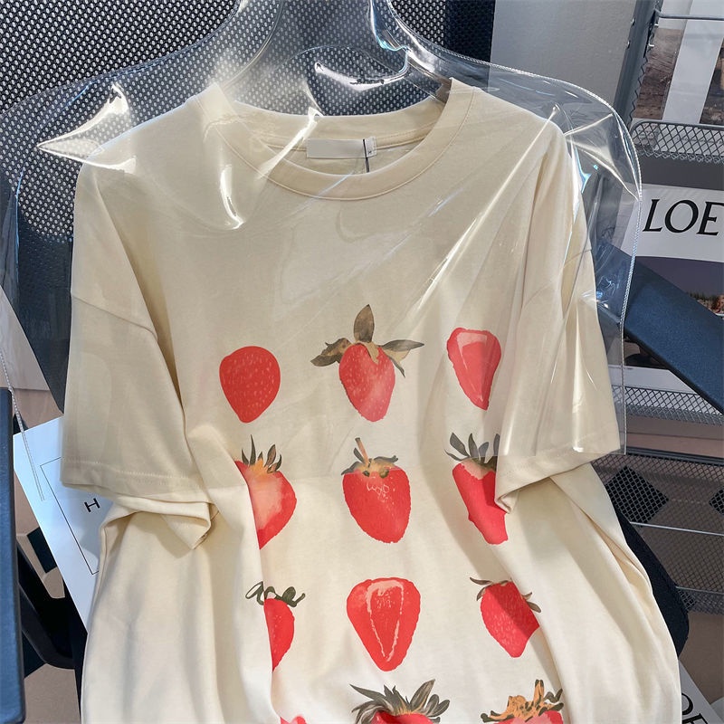 Áo Thun Tay Ngắn Dáng Rộng Hoạ Tiết Dâu Tây Phong Cách Retro