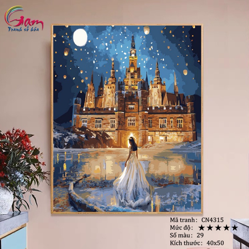 Tranh tô màu số hoá Gam nàng công chúa và lâu đài có sẵn đã căng khung 40x50cm CN4315