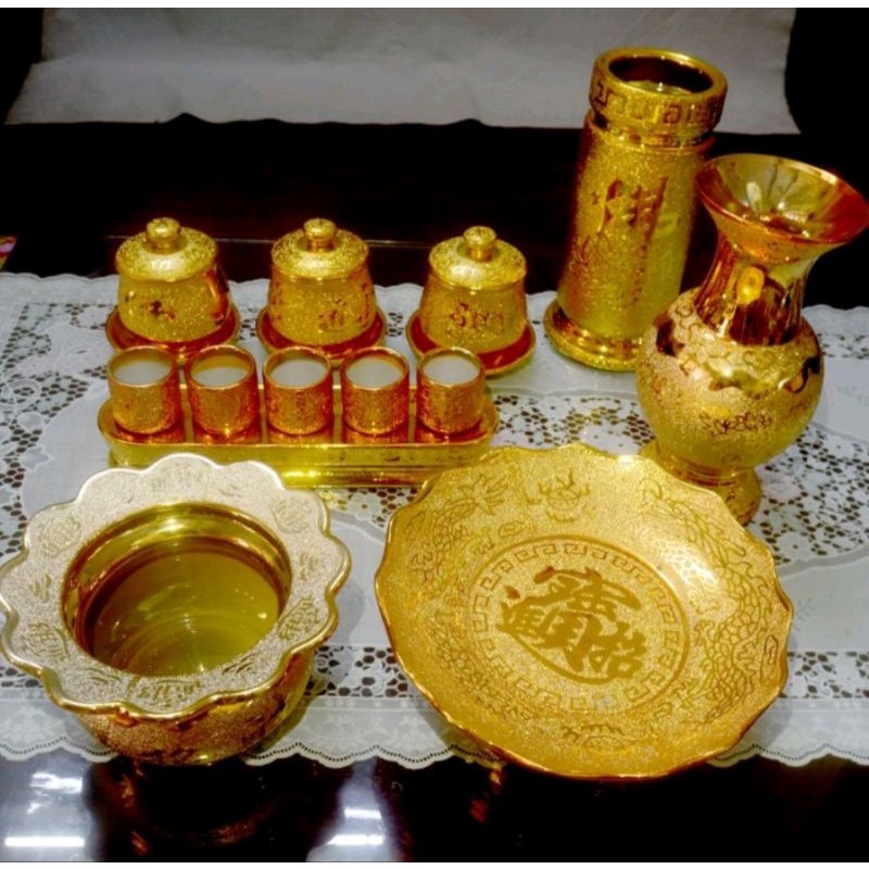 Bộ Thờ Cúng Bình Bông, lư Hương,Đĩa ,Chung Cúng Hàng Kim Sa Màu Vàng Lấp lánh-Vật phẩm thờ Cúng