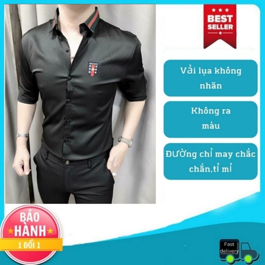 Áo Sơ mi nam họa tiết [FREESHIP] Sơ mi nam chất lụa dài tay họa tiết logo lá cờ cao cấp | BigBuy360 - bigbuy360.vn