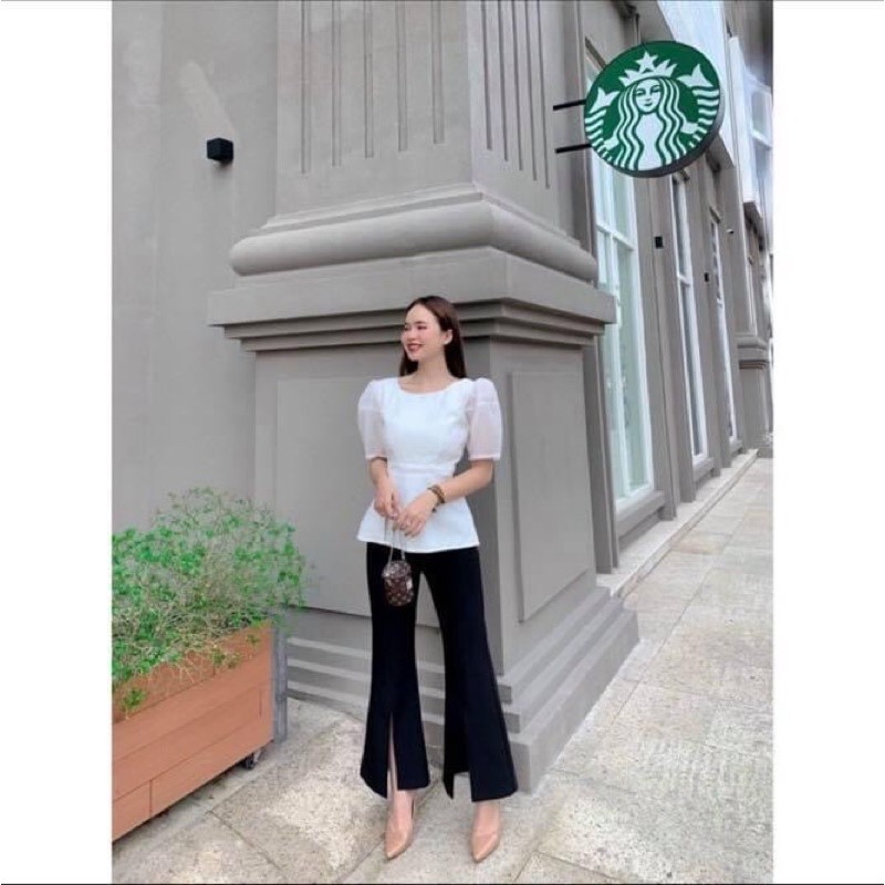Set áo voan tay phồng xòe peplum kèm quần dài tây loe màu trơn - Order taobao quảng châu