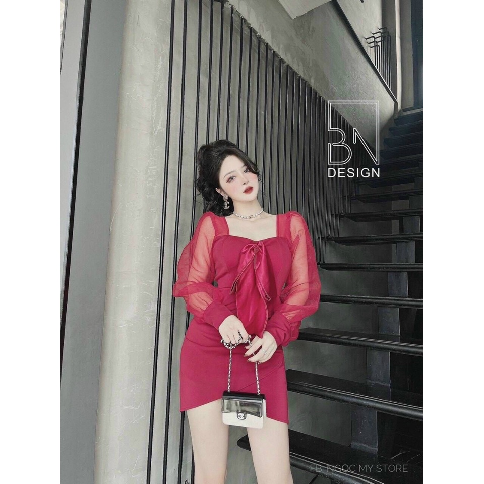 Đầm Nữ ⚡𝙎𝙄𝙀̂𝙐 𝙎𝘼𝙇𝙀⚡ Đầm Body Lụa Kết Nơ Tay Dài Phối Lưới Siêu Xinh  - 65106