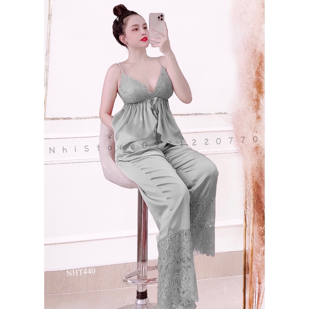 [FREESHIP 50K] Bộ Mặc Nhà Nữ NHISTORE Quần Dài  Lai Ren Áo Cúp Ngực Sexy Phối Ren  Freesize Dưới 57kg