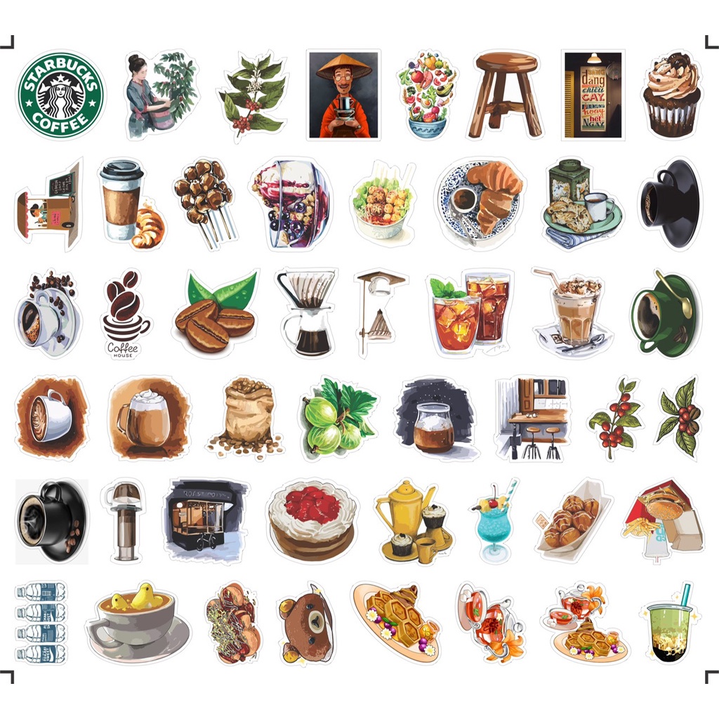 Bộ 200 sticker chủ đề COFEE VINTAGE dùng để trang trí điện thoại di động/ván trượt/vali không để lại dấu keo