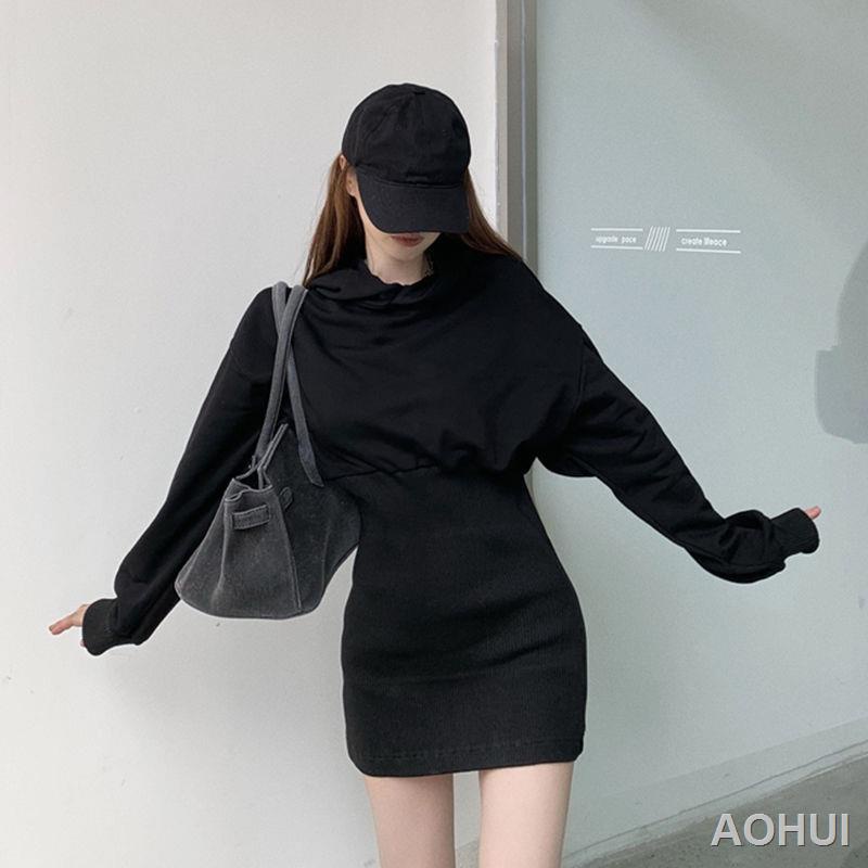 Thời trang mới mùa thu và mùa đông váy len có mũ trùm đầu dày