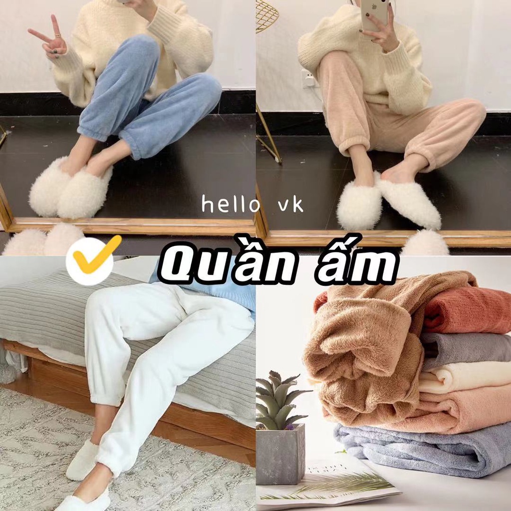 Quần ngủ mặc ở nhà vải lông cừu san hô dày lưng co giãn dáng rộng size lớn phong cách mới đơn giản giữ ấm cho mùa đông