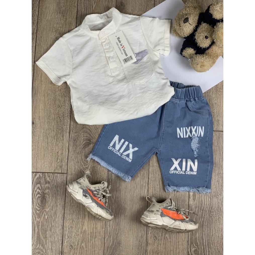 Set sơ mi đũi quần jean cho bé trai phong cách Hàn Quốc chất co giãn mềm cỡ 9-23kg hàng chuẩn size Hongvybaby