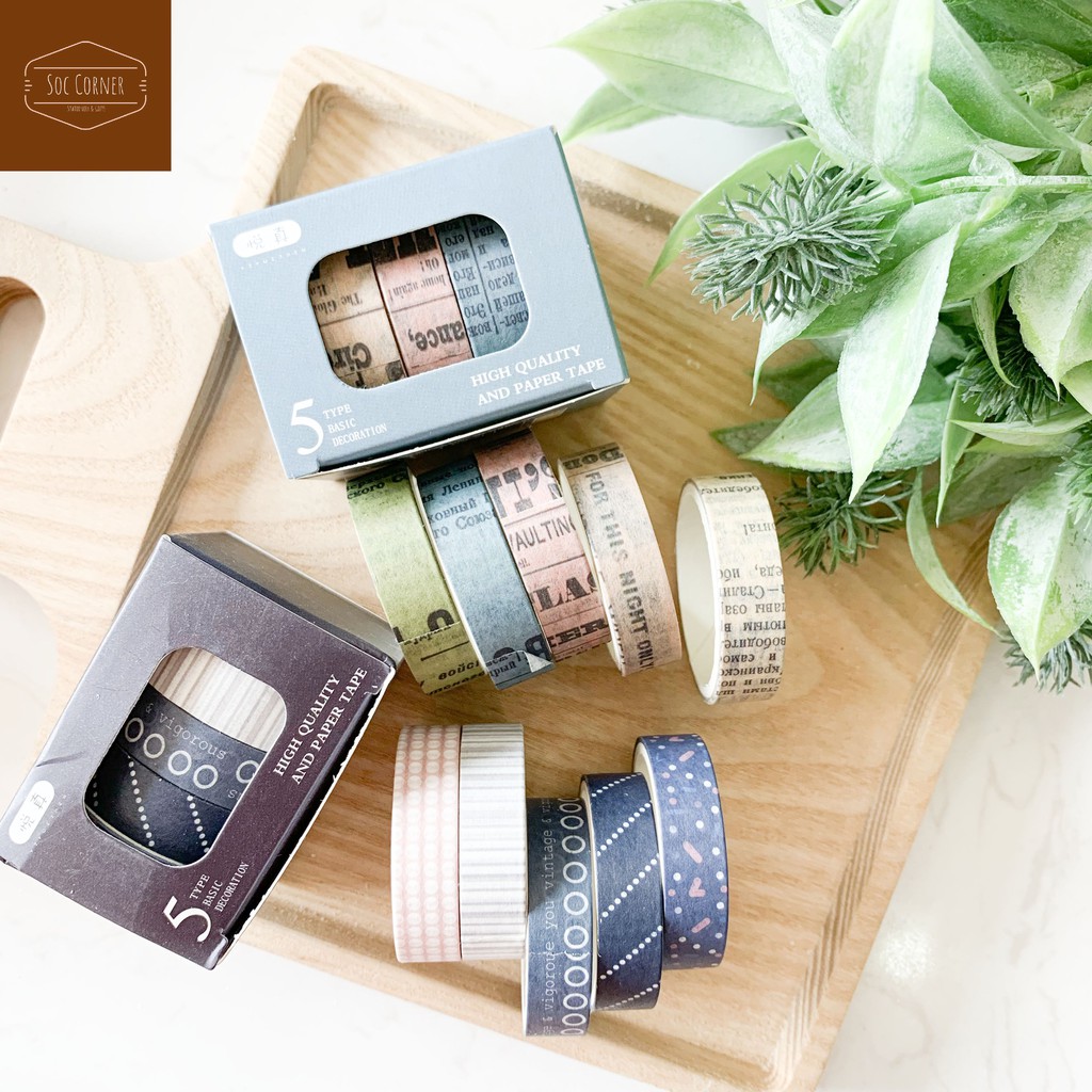 Set băng keo dán chất liệu Washi Tape (5 Type Basic Decoration) 5 cuộn/set rộng 1cm