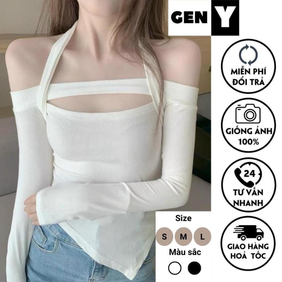 Áo croptop nữ kiểu ôm body khoét ngực GenY - Áo kiểu nữ tay dài trễ vai vạt chéo chất len tăm !