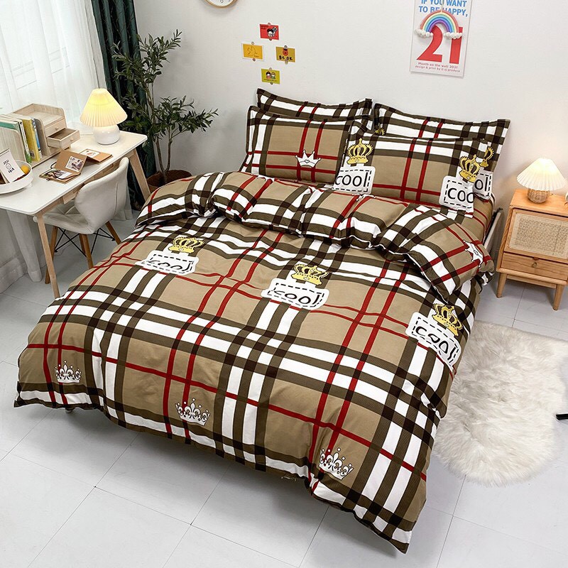 Bộ chăn ga gối , drap giường chất cotton poly họa tiết kẻ chữ bbr