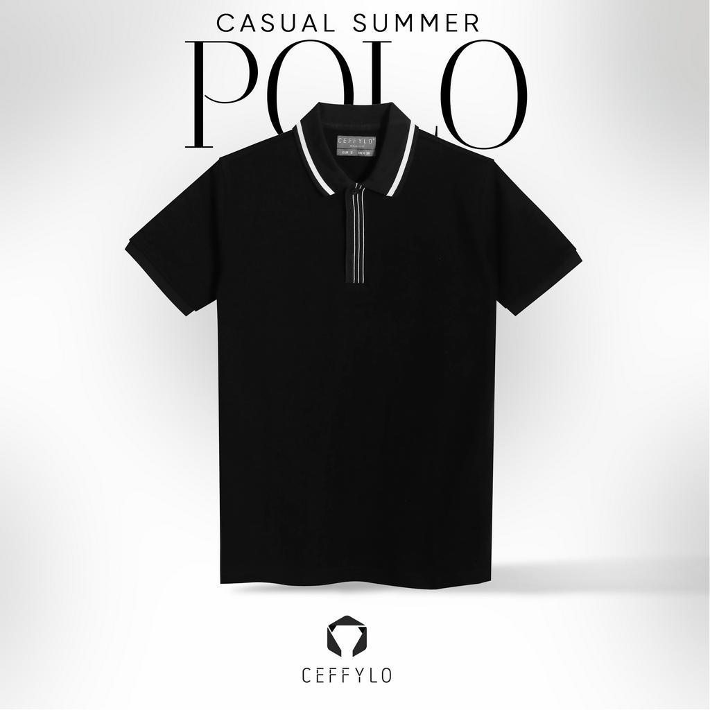 Áo Polo Nam Phối Nẹp Kẻ 3 Sọc Ceffylo Màu Đen Chất Liệu Cotton Thoáng mát Hạn Chế Nhăn Co Dãn Tốt Thời Trang Nam