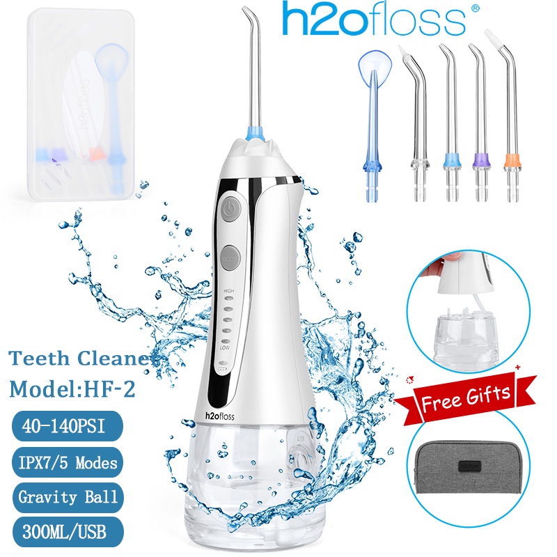 Máy tăm nước h2ofloss Oral Irrigator， Máy Tăm Răng Nước Cầm Tay với 5 Đầu Vòi đầu tăm 5 Chế độ Bình Nước 300ml có thể tháo rời HÀNG CHÍNH HÃNG 12 tháng