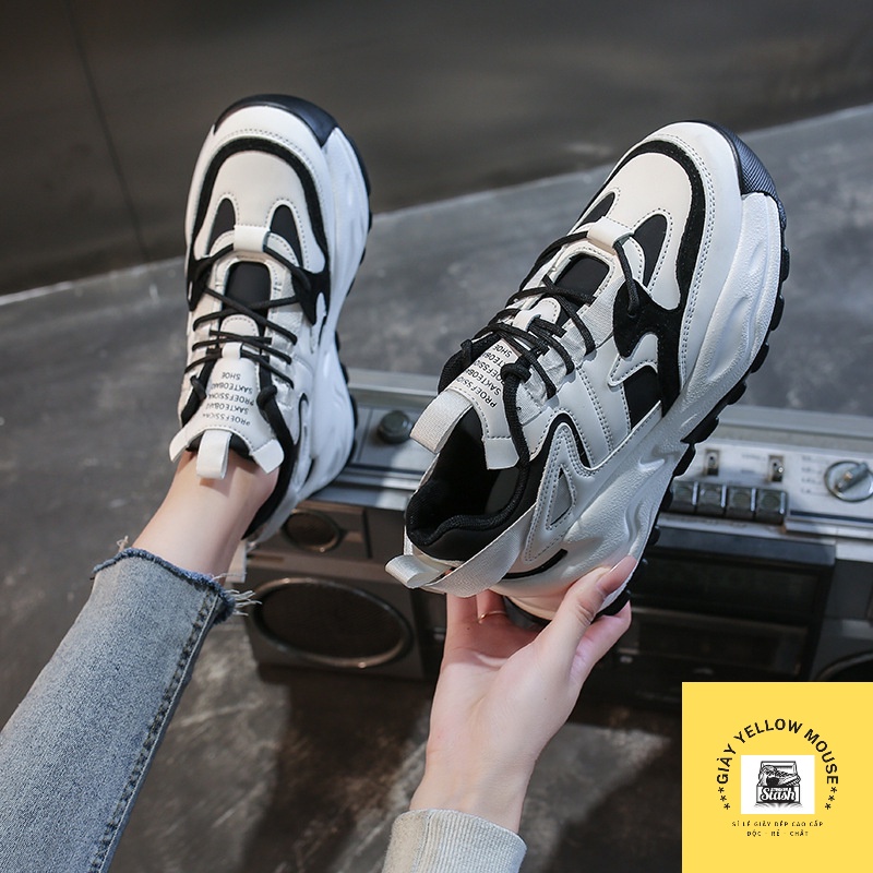 Giày thể thao sneaker nữ QC chất da phong cách ULZZANG đế tách 2 lớp 5cm tôn dáng màu đen/nâu