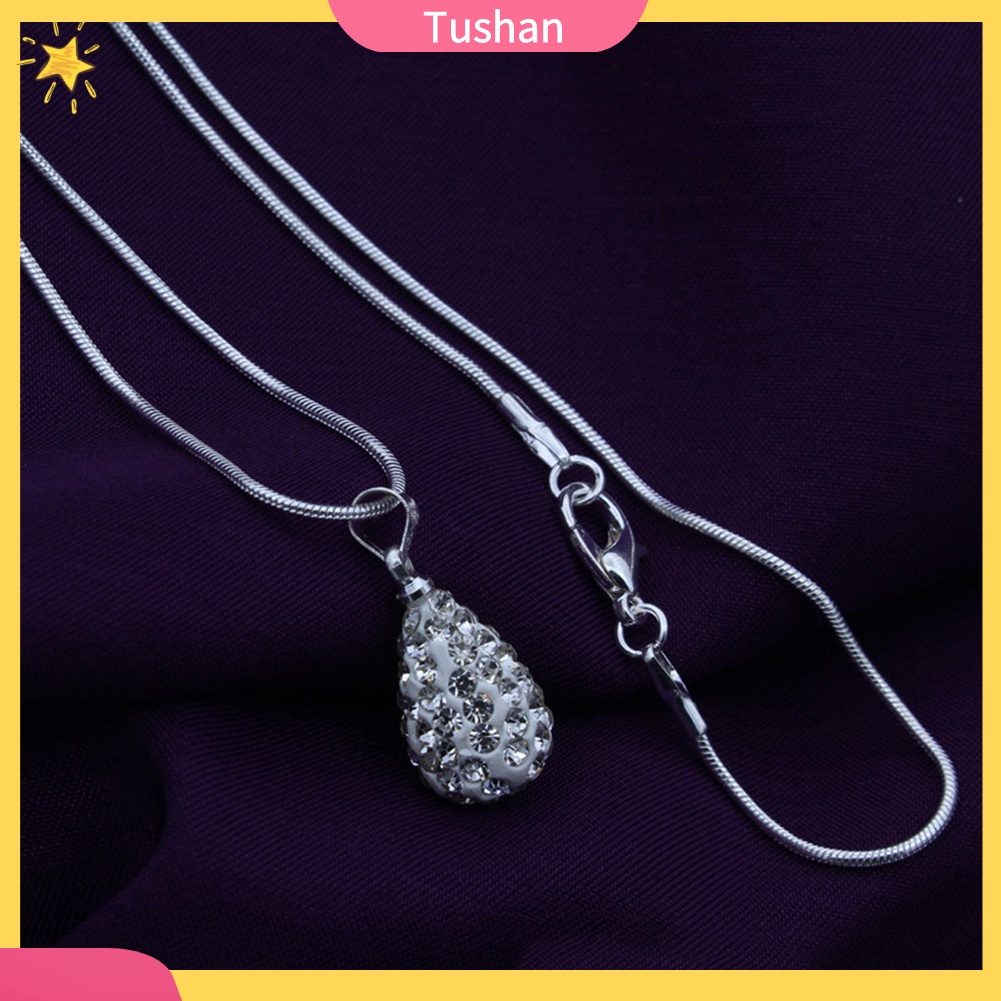TUSH_Women's Shiny Silver Plated Rhinestone Water Tear Drop Necklace Pendant Chain