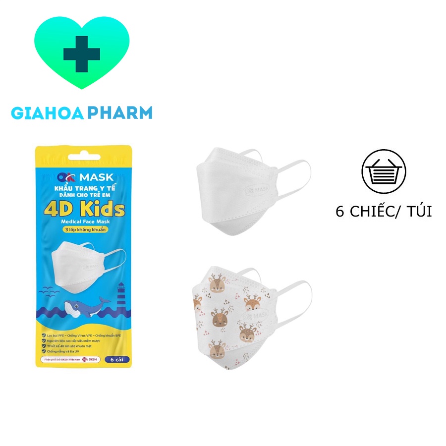 Khẩu trang y tế 4D Kids Ok Mask kháng khuẩn thời trang cho trẻ em (Thiết kế KF94) - Gói 6 cái (Trắng / Hình thú hoa văn)