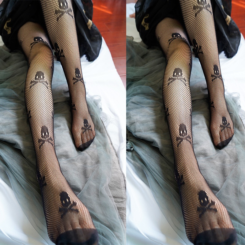 Sexy Mesh Tights Skull with Print Fishnets Erotic Anime Stockings Women Nylon Transparent High-Waisted Net Female Long Pantyhose