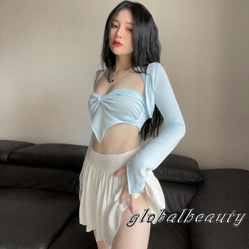 Gb Áo Croptop Không Tay Cổ Khoét Sâu Cột Dây Đính Ngọc Trai Giả Màu Xanh Dương Viền Tam Giác Trang Trí Cho Nữ