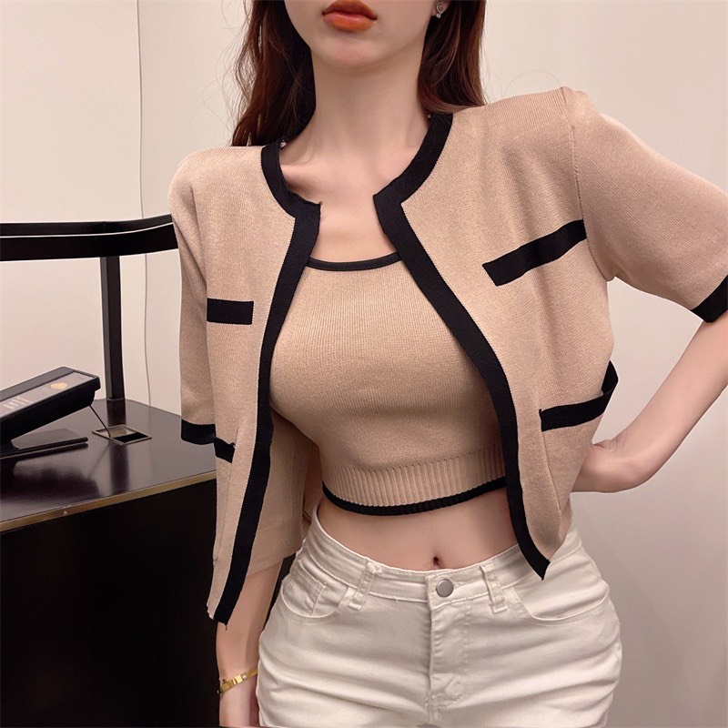 Sét áo cardigan ngắn tay kèm áo bra len tăm dệt kim cực xinh