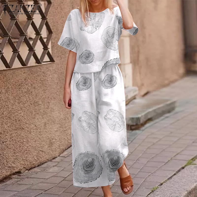 Set đồ 2 món Zanzea gồm áo tay ngắn phối quần eo thun co giãn in họa tiết thời trang cho nữ