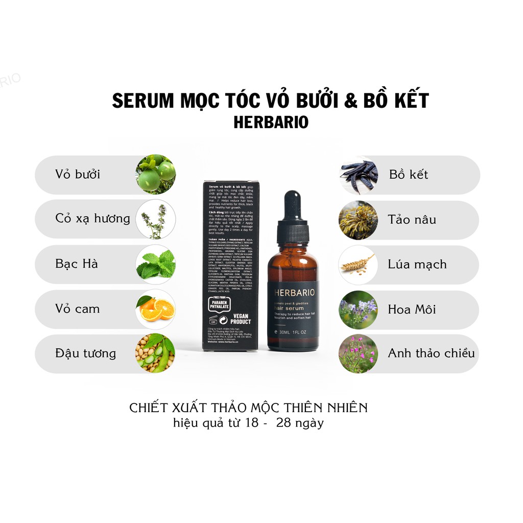 Bộ serum mọc tóc 30ml và nước dưỡng tóc 100ml vỏ bưởi và bồ kết herbario, kích thích mọc tóc chuyên sâu