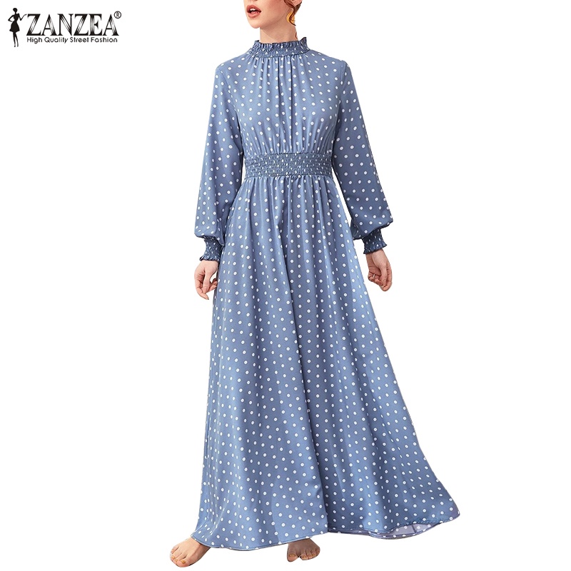 Đầm dài ZANZEA cổ đứng hoạ tiết chấm bi phong cách cổ điển dành cho nữ ZANZE