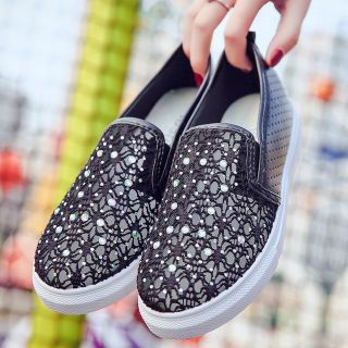 Giày lười nữ chất liệu ren lưới đính đá Hot hit 2019