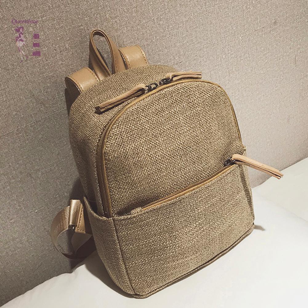 Queen_Retro Straw Linen Small Zipper Backpack for Women Shoulder Travel Schoolbag☆