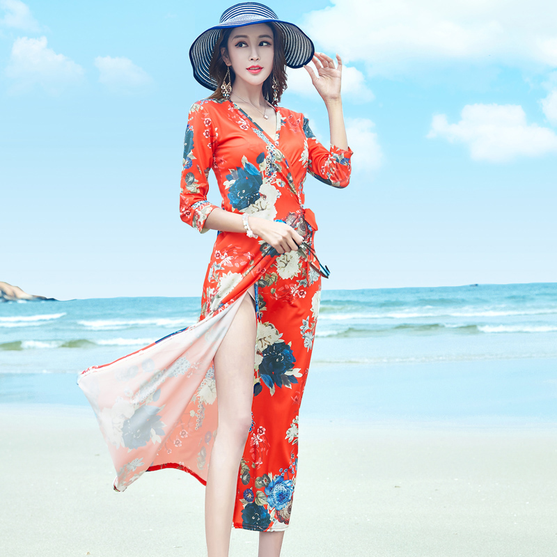 Váy bãi biển nữ mùa hè 2018 mới bằng biển buộc dây buộc váy dài quấn thân váy liền hoa nhỏ ôm dáng cổ chữ V xẻ tà