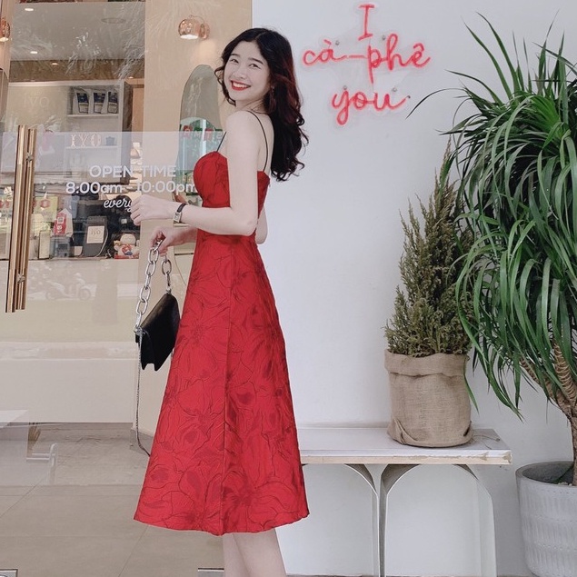 Đầm Thiết Kế 2 Dây, Dáng Xòe Chất Liệu Gấm Hoa Dự Tiệc Cao Cấp