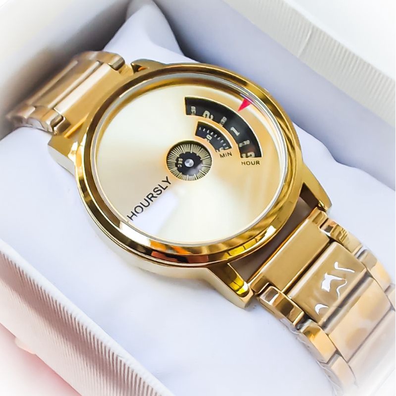 Đồng hồ nam chính hãng thời trang trẻ trung HOURSLY dây thép kim loại màu vàng cao cấp-D14-