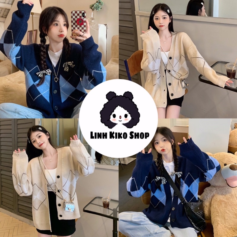 Tigena Cách Học Nữ Đan Cardigan 2022 Mới Thu Đông Cổ Tương Phản Argyle Rời Áo Len Nữ Khoác Ngoài Phối Quần Áo