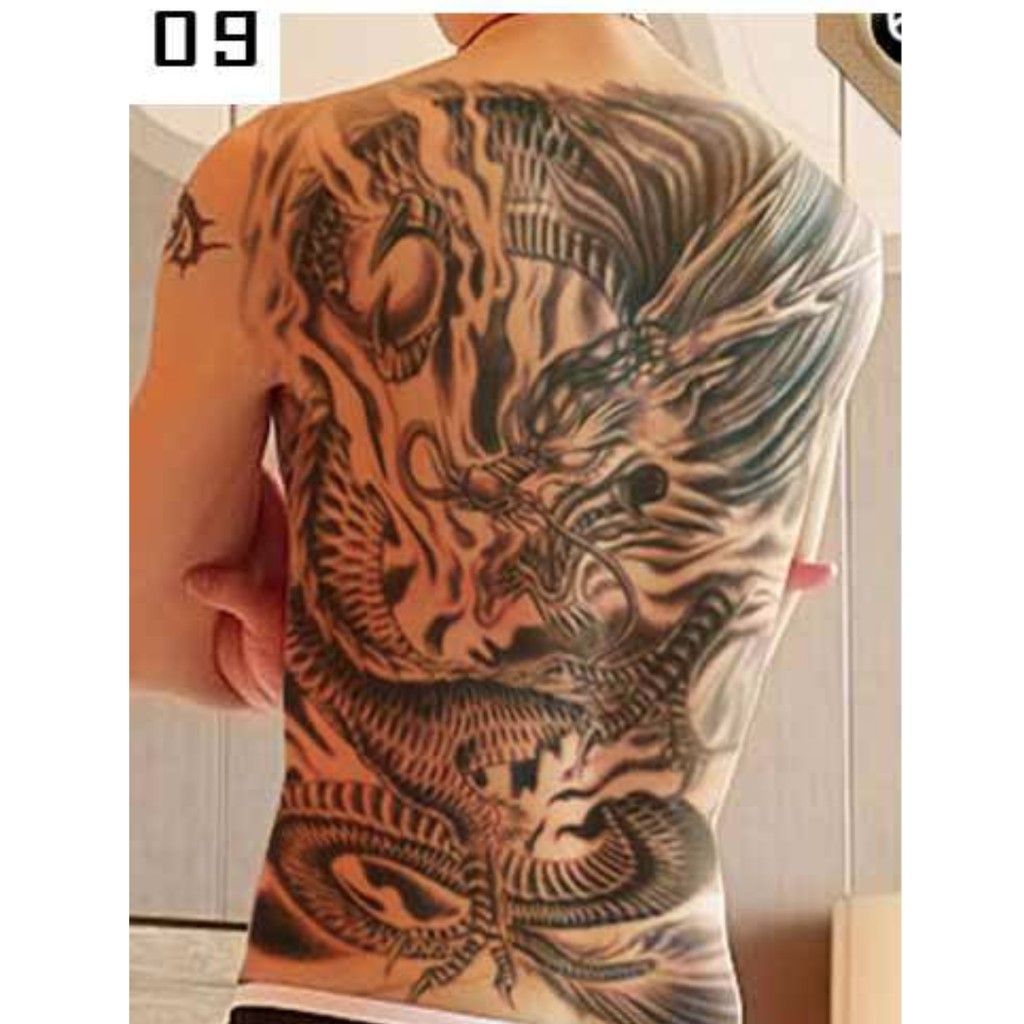 Hình xăm dán kín lưng rồng quấn màu 34x48cm- tặng bắp tay tattoo 12x19cm